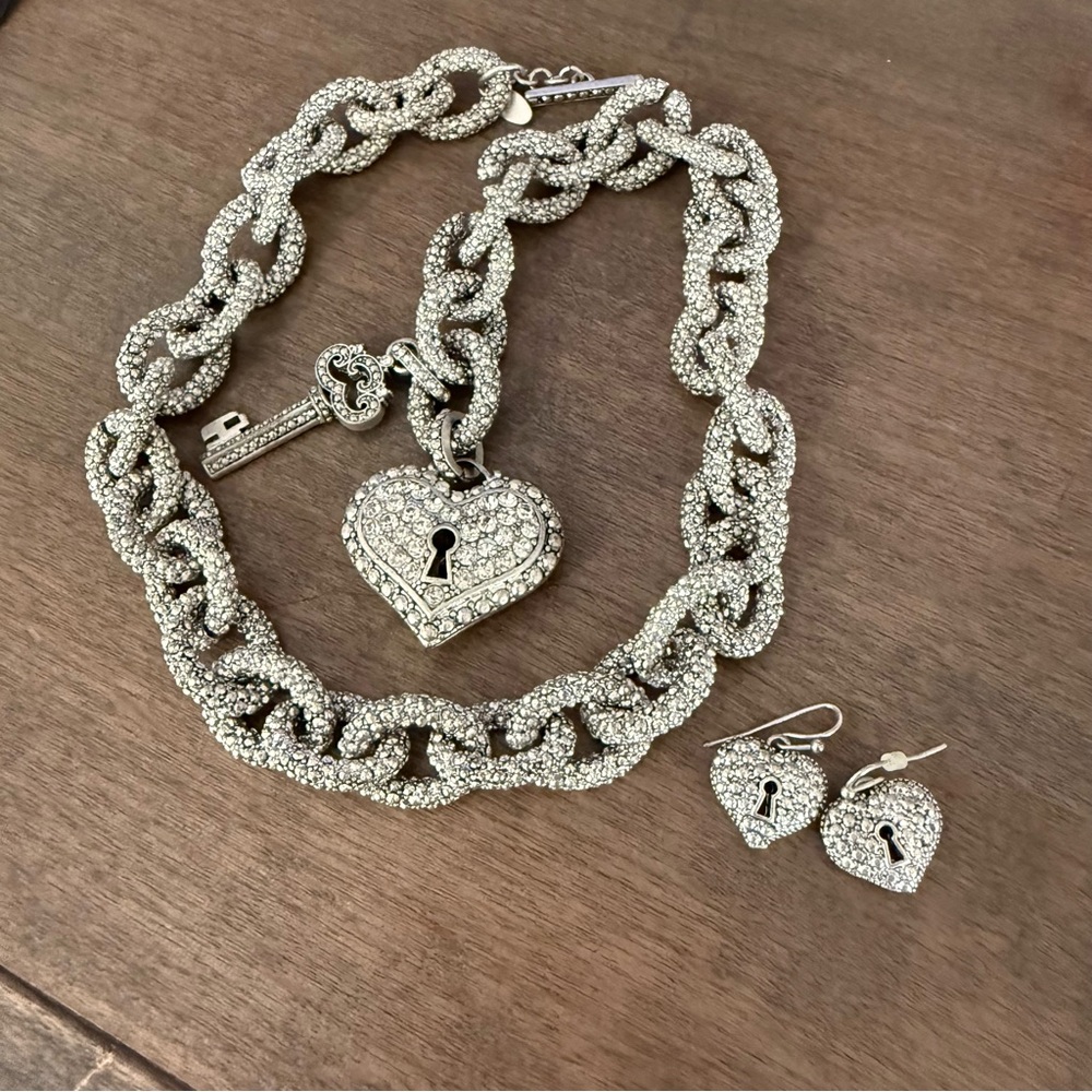 Silver Crystal Heart Lock Charm Necklace and Earrings Set - Picture 1 of 4